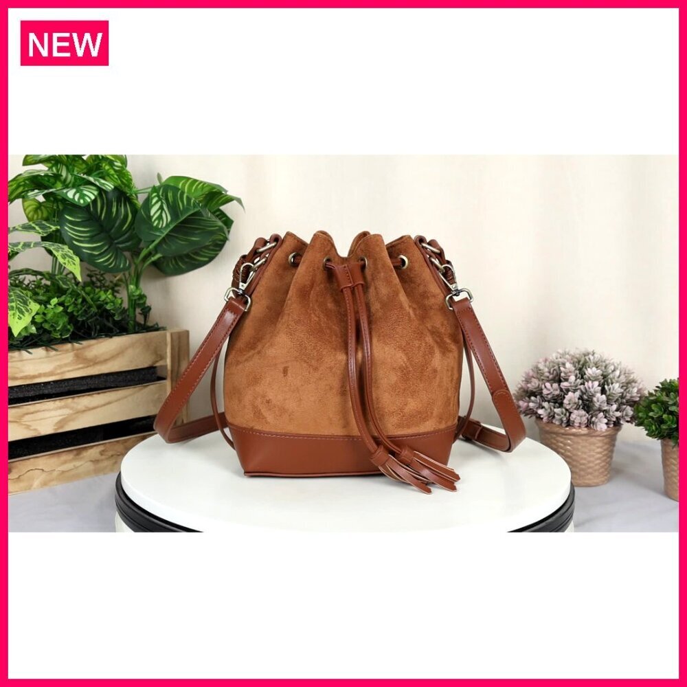 Faux Suede Bucket Bag Crossbody Hobo Purse with Drawstring and 2 Straps - Picture 8 of 8